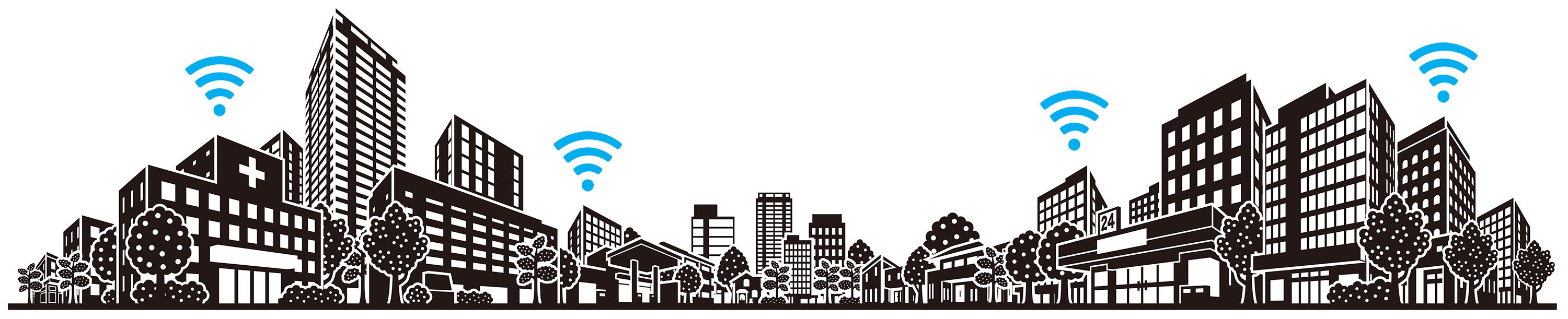 Illustration of a city landscape with buildings and trees and Wi-Fi icons to represent CBRS Private LTE Connectivity